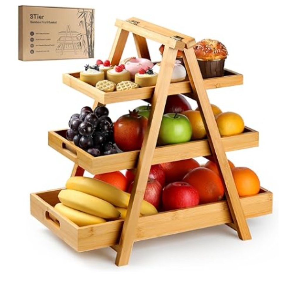 3-Tier Bamboo Fruit Basket - Veggie & Fruit Stand w/ Removable Serving Trays